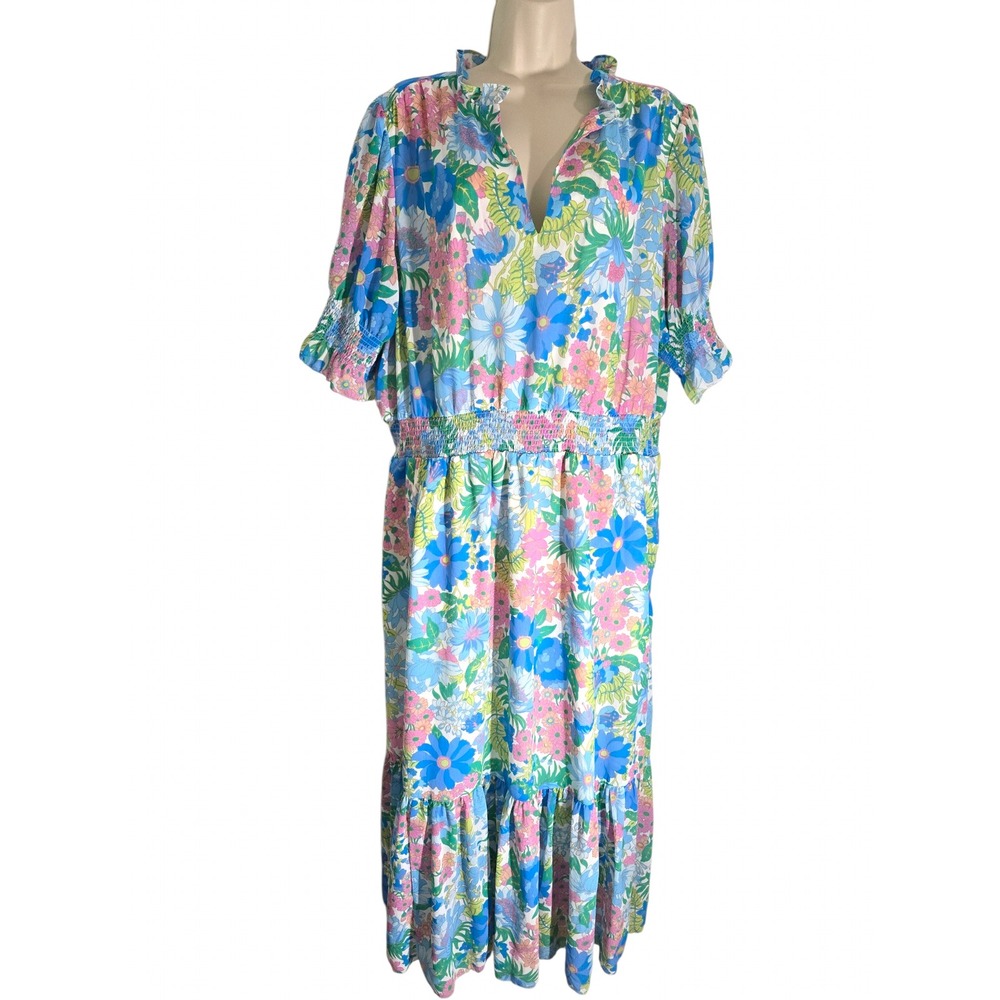 J.Crew 2X Floral Smocked Waist Midi Dress Blue Pink AX607 SP21
